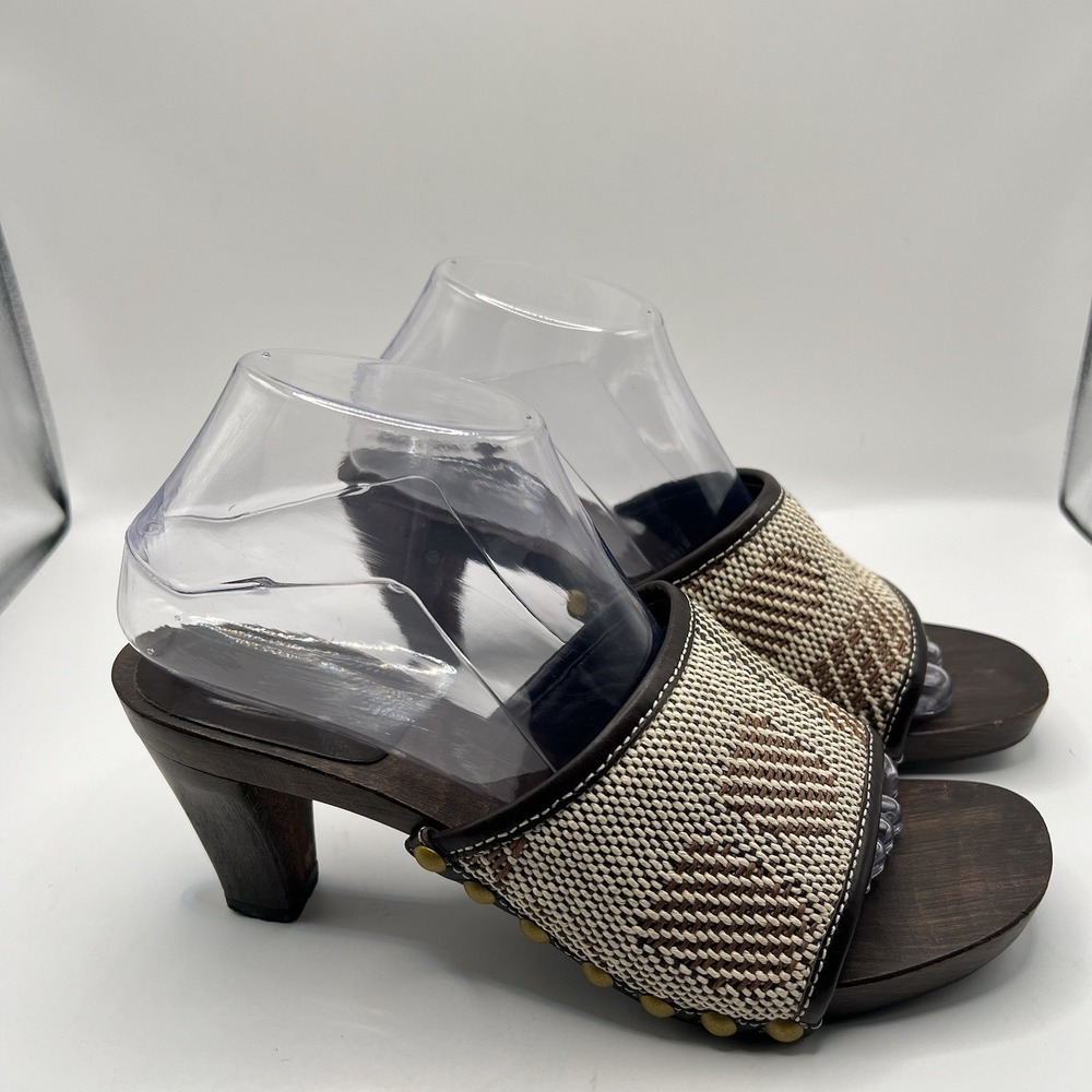 VTG Bally Open Toe Woven Studded Slide Wooden Mule EU 39.5/ US 8.5 Brown Italian